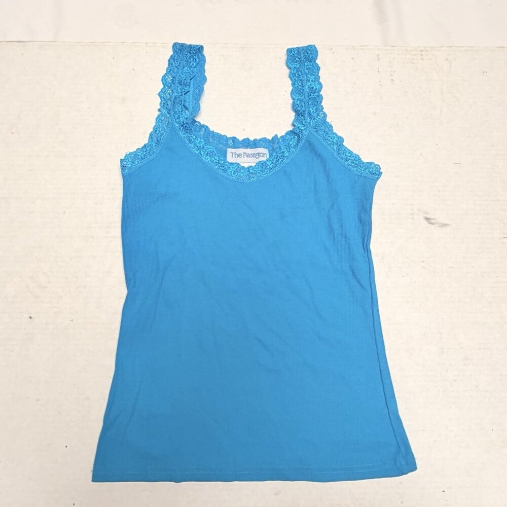 Paragon Blue Lace‎ Trim Longer Length Layering Tank Top Cami Womens Large Y2K